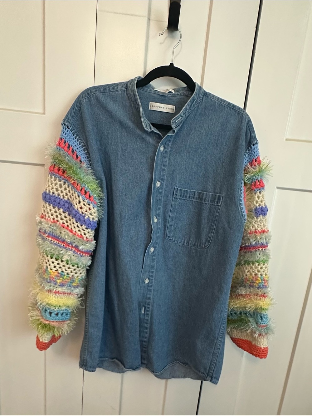 Geoffrey Beene Light Blue Denim Button-Up Shirt with colorful crochet sleeves